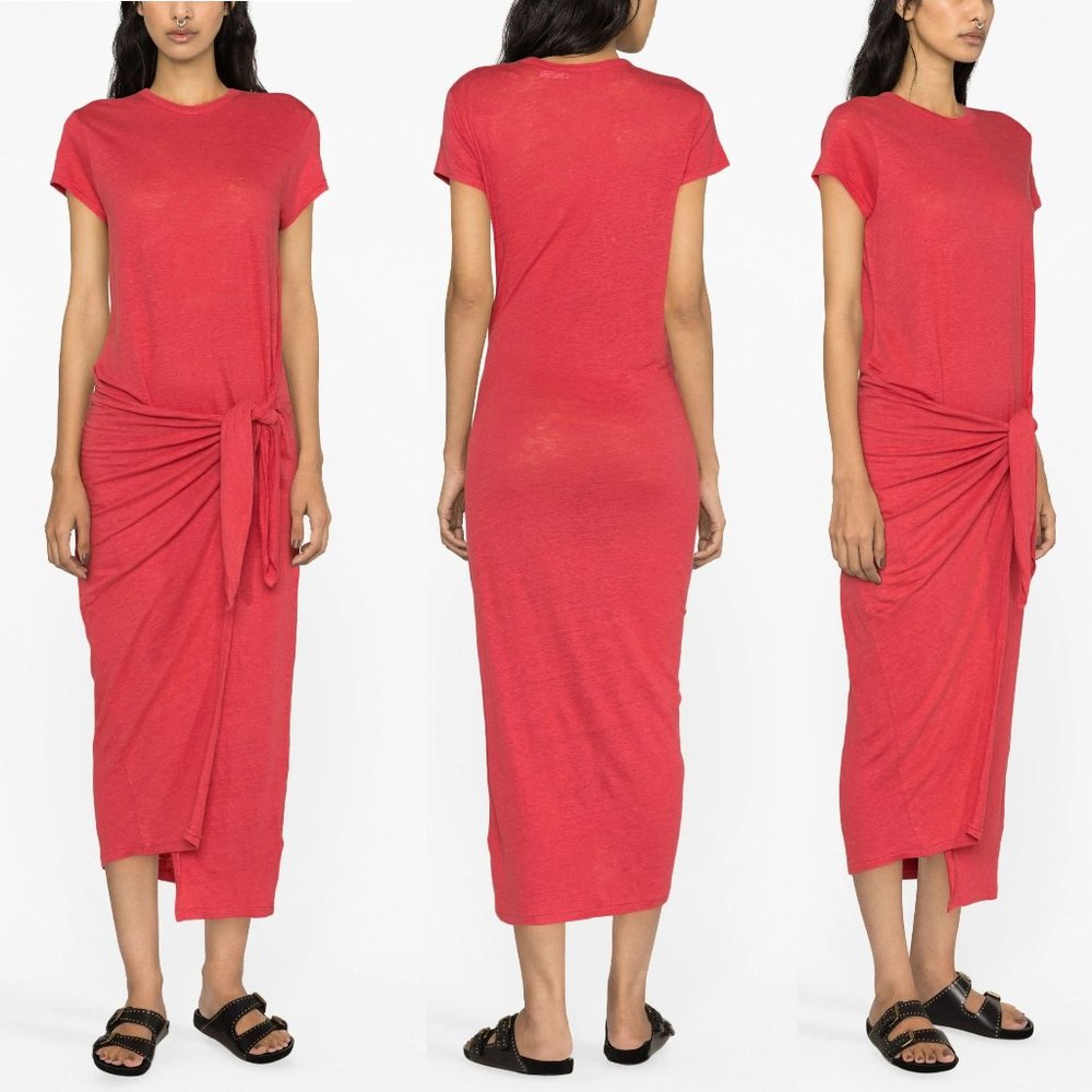 POLO Ralph Lauren Maxi T-shirt DRESS Size S Red LINEN Knot Detail Gathered NEW